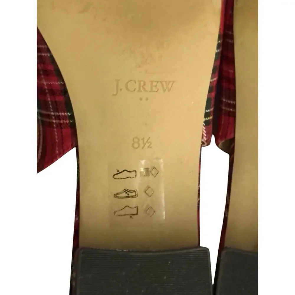 J.Crew Tartan Cap Toe Holiday Low-Heel Slingback Flat Red Black Plaid 8.5 M